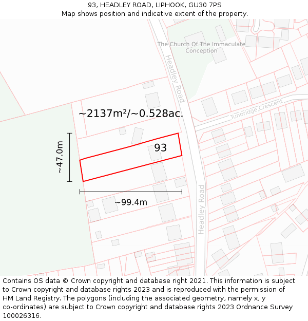93, HEADLEY ROAD, LIPHOOK, GU30 7PS: Plot and title map