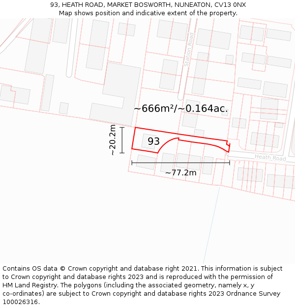 93, HEATH ROAD, MARKET BOSWORTH, NUNEATON, CV13 0NX: Plot and title map