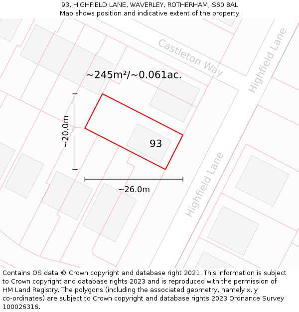 93, HIGHFIELD LANE, WAVERLEY, ROTHERHAM, S60 8AL: Plot and title map
