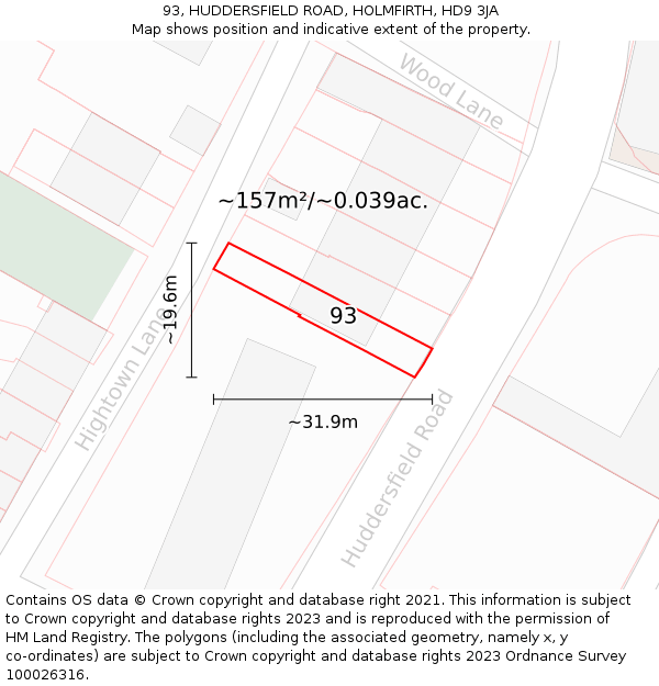 93, HUDDERSFIELD ROAD, HOLMFIRTH, HD9 3JA: Plot and title map