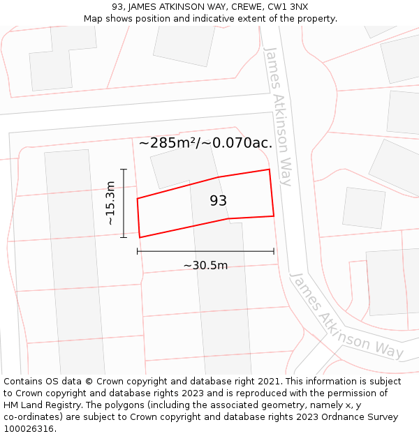 93, JAMES ATKINSON WAY, CREWE, CW1 3NX: Plot and title map