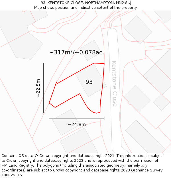 93, KENTSTONE CLOSE, NORTHAMPTON, NN2 8UJ: Plot and title map