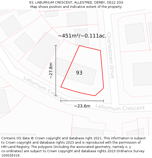 93, LABURNUM CRESCENT, ALLESTREE, DERBY, DE22 2GS: Plot and title map