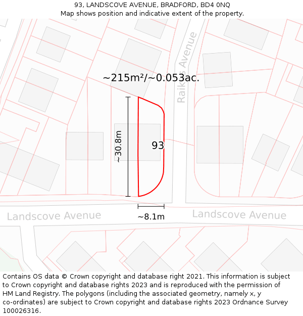 93, LANDSCOVE AVENUE, BRADFORD, BD4 0NQ: Plot and title map