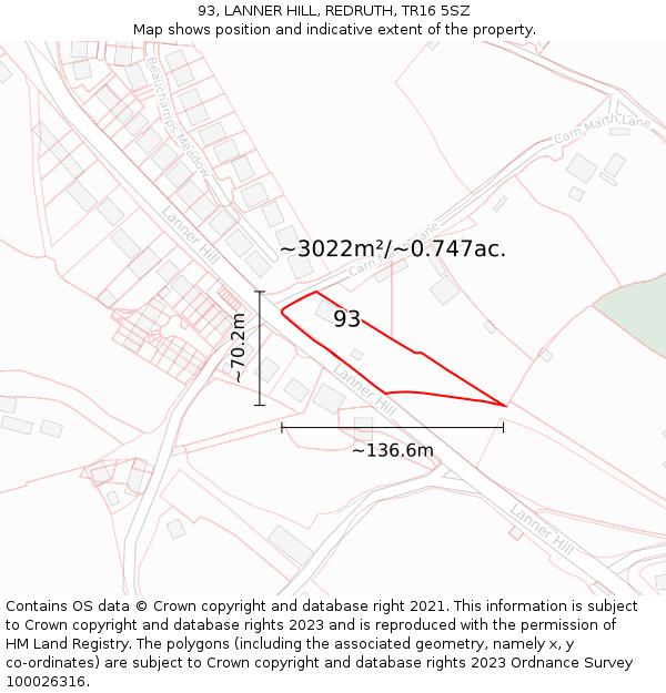 93, LANNER HILL, REDRUTH, TR16 5SZ: Plot and title map