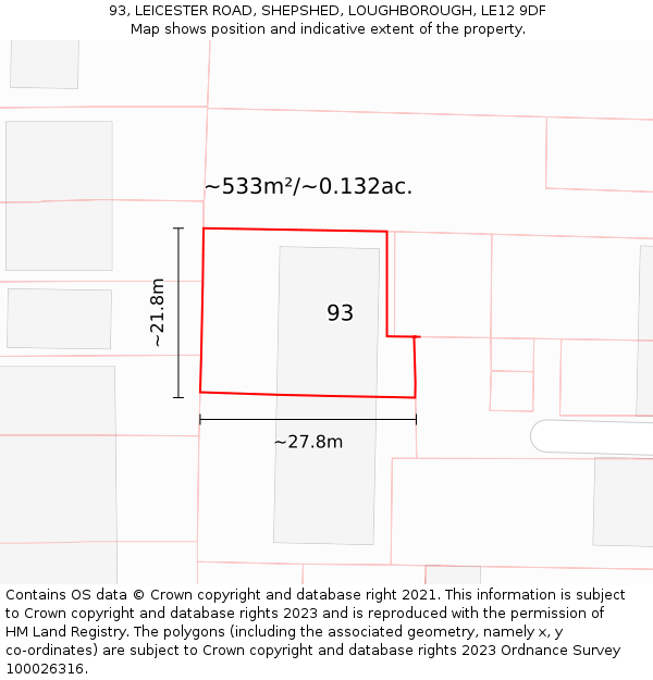 93, LEICESTER ROAD, SHEPSHED, LOUGHBOROUGH, LE12 9DF: Plot and title map