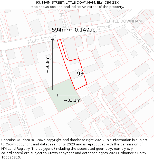 93, MAIN STREET, LITTLE DOWNHAM, ELY, CB6 2SX: Plot and title map