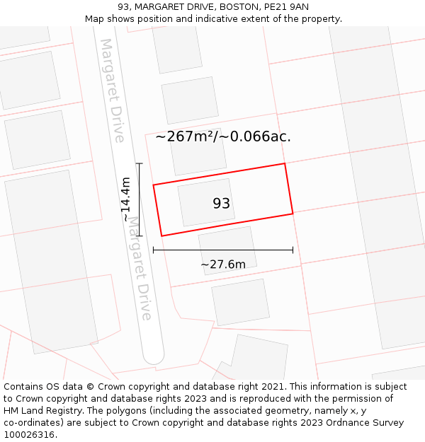 93, MARGARET DRIVE, BOSTON, PE21 9AN: Plot and title map