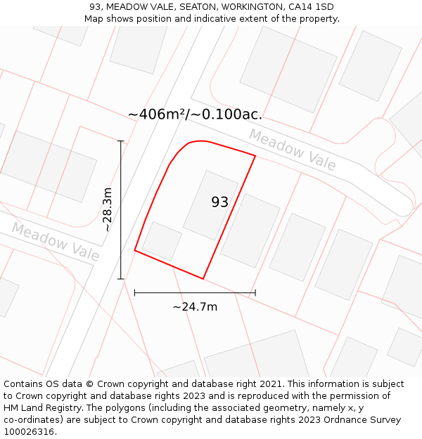 93, MEADOW VALE, SEATON, WORKINGTON, CA14 1SD: Plot and title map