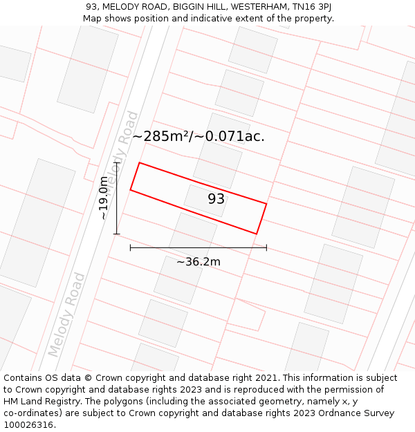93, MELODY ROAD, BIGGIN HILL, WESTERHAM, TN16 3PJ: Plot and title map