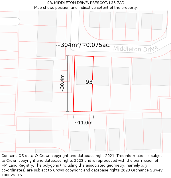 93, MIDDLETON DRIVE, PRESCOT, L35 7AD: Plot and title map