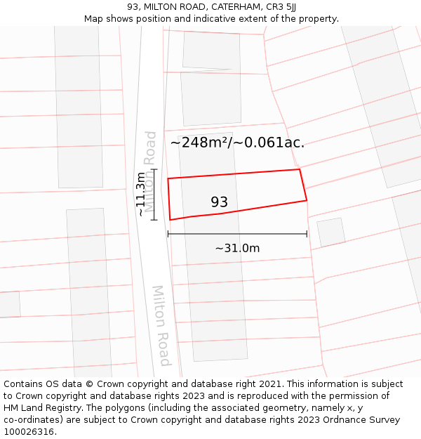 93, MILTON ROAD, CATERHAM, CR3 5JJ: Plot and title map