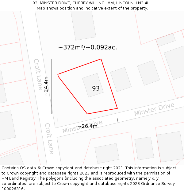 93, MINSTER DRIVE, CHERRY WILLINGHAM, LINCOLN, LN3 4LH: Plot and title map