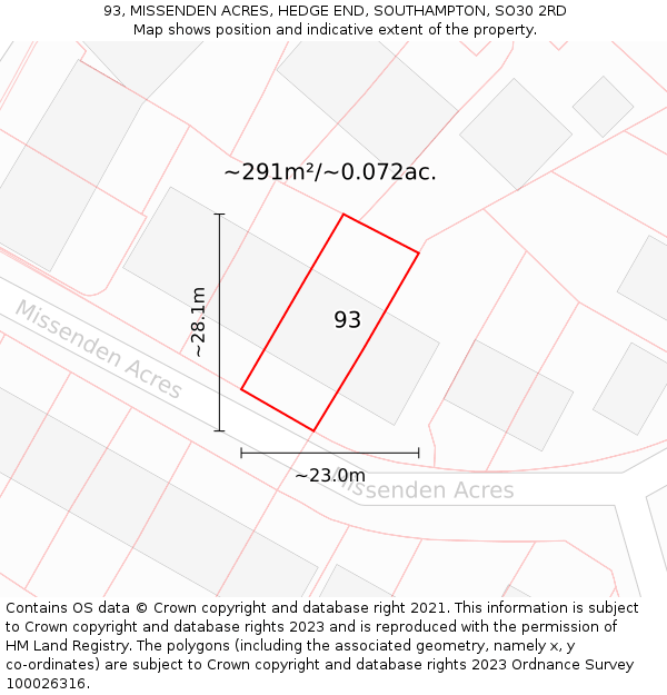 93, MISSENDEN ACRES, HEDGE END, SOUTHAMPTON, SO30 2RD: Plot and title map