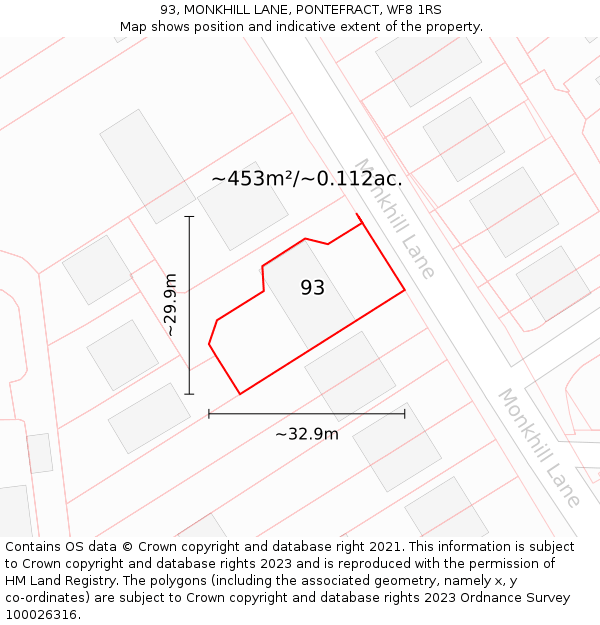 93, MONKHILL LANE, PONTEFRACT, WF8 1RS: Plot and title map