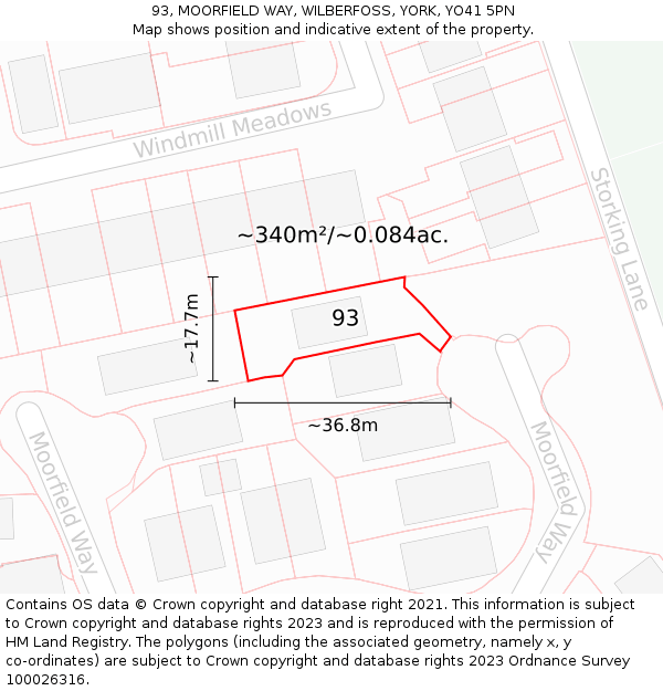 93, MOORFIELD WAY, WILBERFOSS, YORK, YO41 5PN: Plot and title map