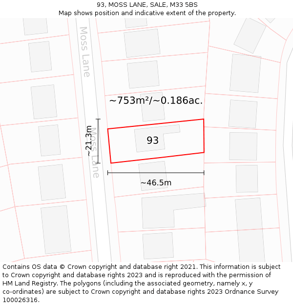 93, MOSS LANE, SALE, M33 5BS: Plot and title map