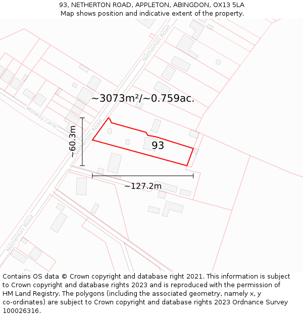 93, NETHERTON ROAD, APPLETON, ABINGDON, OX13 5LA: Plot and title map