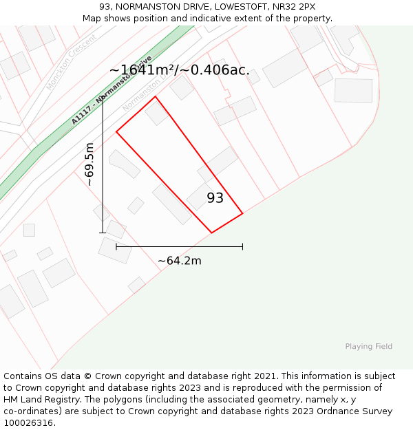 93, NORMANSTON DRIVE, LOWESTOFT, NR32 2PX: Plot and title map