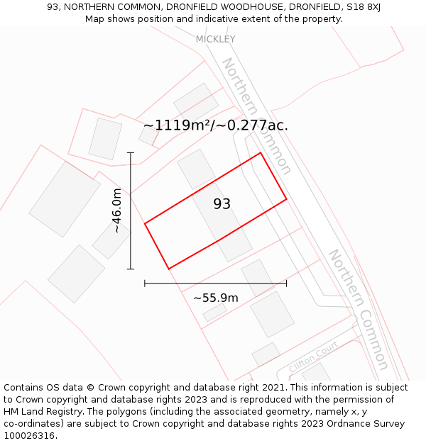 93, NORTHERN COMMON, DRONFIELD WOODHOUSE, DRONFIELD, S18 8XJ: Plot and title map