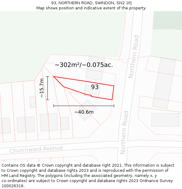 93, NORTHERN ROAD, SWINDON, SN2 1PJ: Plot and title map