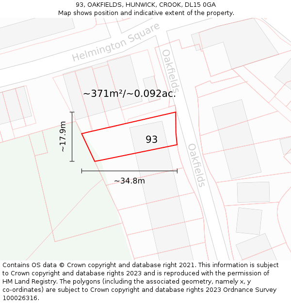 93, OAKFIELDS, HUNWICK, CROOK, DL15 0GA: Plot and title map