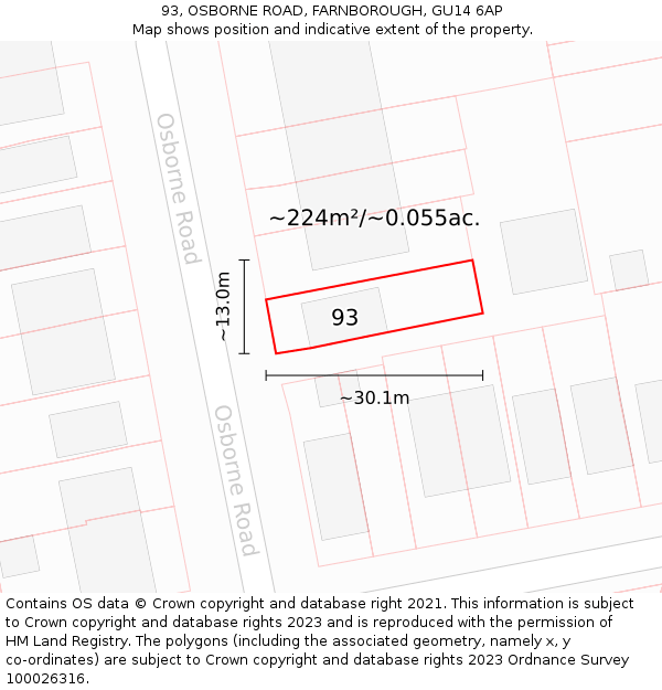 93, OSBORNE ROAD, FARNBOROUGH, GU14 6AP: Plot and title map