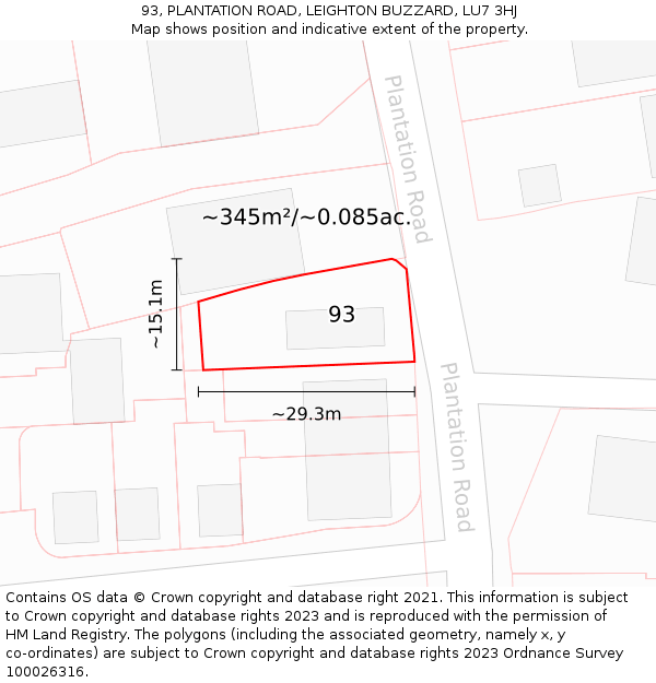93, PLANTATION ROAD, LEIGHTON BUZZARD, LU7 3HJ: Plot and title map