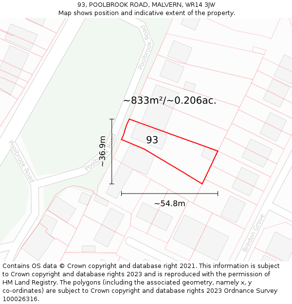 93, POOLBROOK ROAD, MALVERN, WR14 3JW: Plot and title map