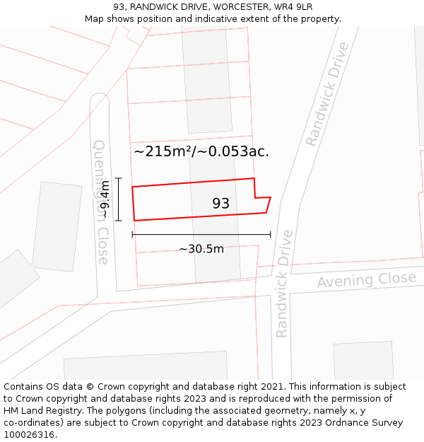 93, RANDWICK DRIVE, WORCESTER, WR4 9LR: Plot and title map