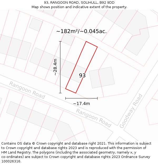 93, RANGOON ROAD, SOLIHULL, B92 9DD: Plot and title map