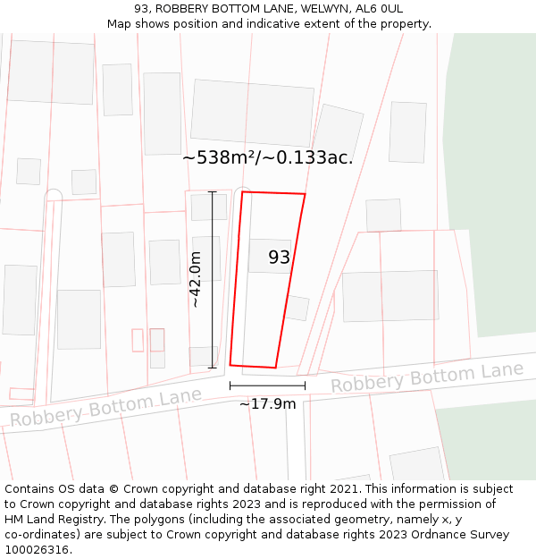 93, ROBBERY BOTTOM LANE, WELWYN, AL6 0UL: Plot and title map