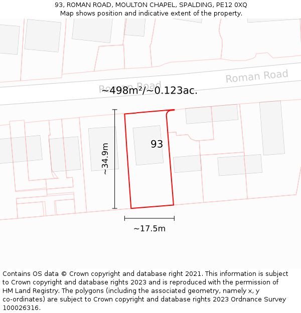93, ROMAN ROAD, MOULTON CHAPEL, SPALDING, PE12 0XQ: Plot and title map