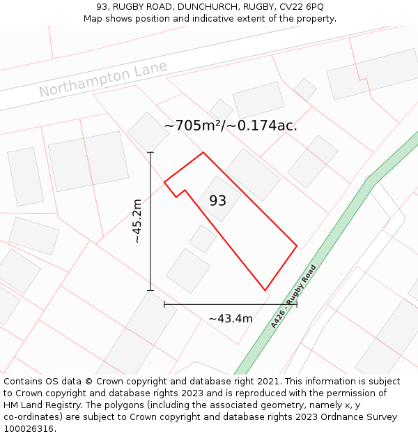 93, RUGBY ROAD, DUNCHURCH, RUGBY, CV22 6PQ: Plot and title map