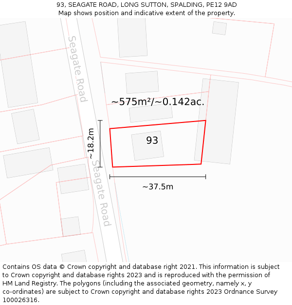 93, SEAGATE ROAD, LONG SUTTON, SPALDING, PE12 9AD: Plot and title map
