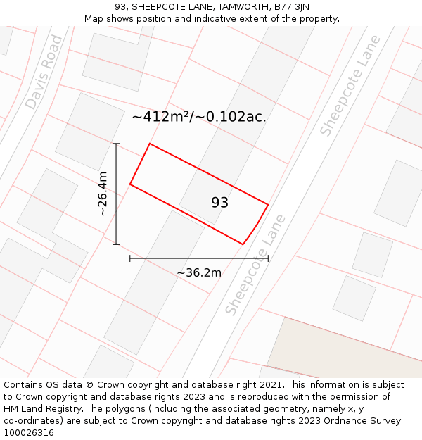 93, SHEEPCOTE LANE, TAMWORTH, B77 3JN: Plot and title map