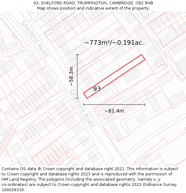 93, SHELFORD ROAD, TRUMPINGTON, CAMBRIDGE, CB2 9NB: Plot and title map