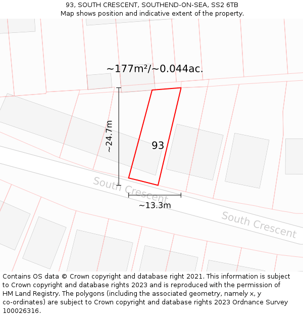 93, SOUTH CRESCENT, SOUTHEND-ON-SEA, SS2 6TB: Plot and title map