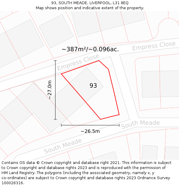 93, SOUTH MEADE, LIVERPOOL, L31 8EQ: Plot and title map