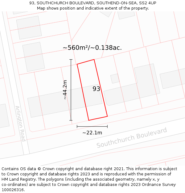 93, SOUTHCHURCH BOULEVARD, SOUTHEND-ON-SEA, SS2 4UP: Plot and title map