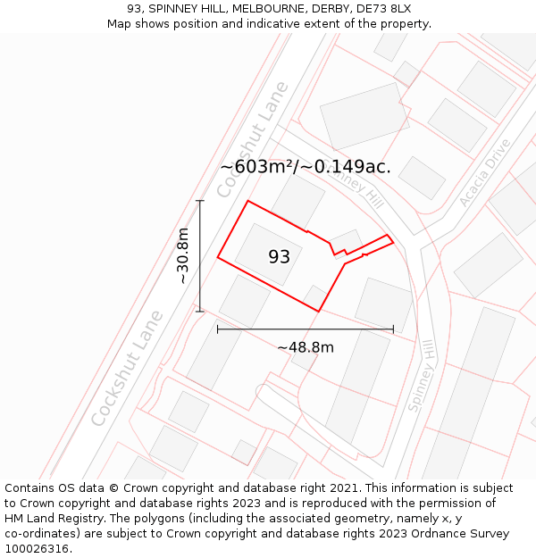 93, SPINNEY HILL, MELBOURNE, DERBY, DE73 8LX: Plot and title map