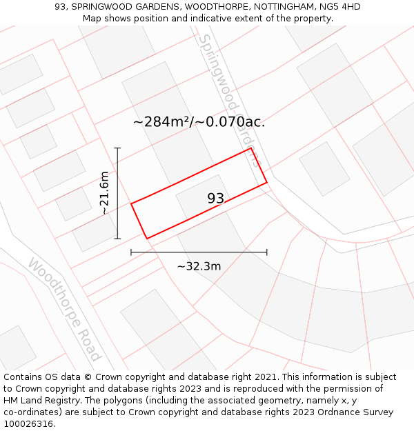 93, SPRINGWOOD GARDENS, WOODTHORPE, NOTTINGHAM, NG5 4HD: Plot and title map