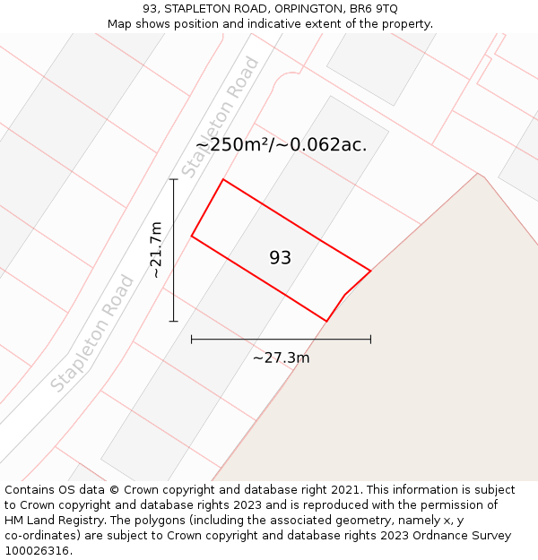93, STAPLETON ROAD, ORPINGTON, BR6 9TQ: Plot and title map