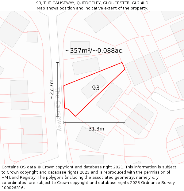 93, THE CAUSEWAY, QUEDGELEY, GLOUCESTER, GL2 4LD: Plot and title map
