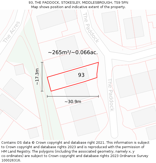 93, THE PADDOCK, STOKESLEY, MIDDLESBROUGH, TS9 5PN: Plot and title map