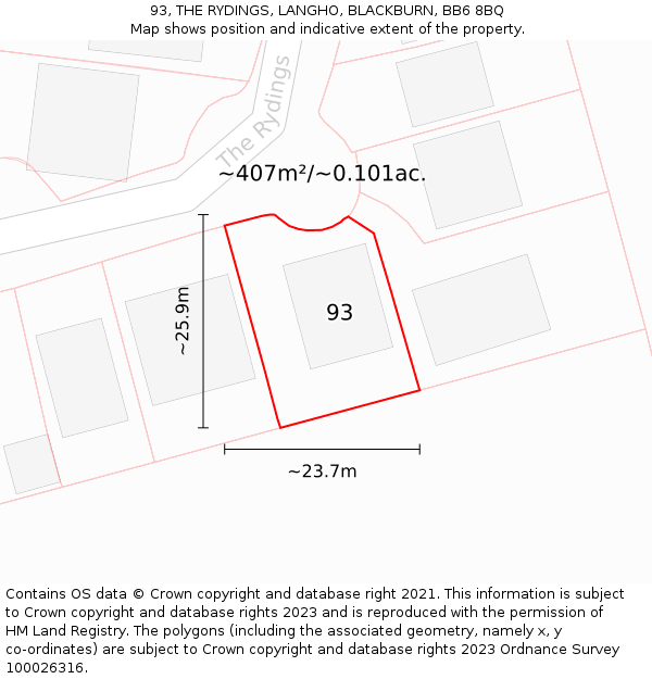 93, THE RYDINGS, LANGHO, BLACKBURN, BB6 8BQ: Plot and title map