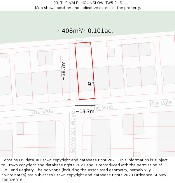 93, THE VALE, HOUNSLOW, TW5 9HS: Plot and title map