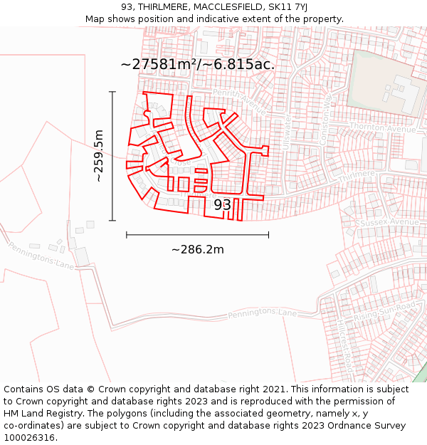 93, THIRLMERE, MACCLESFIELD, SK11 7YJ: Plot and title map