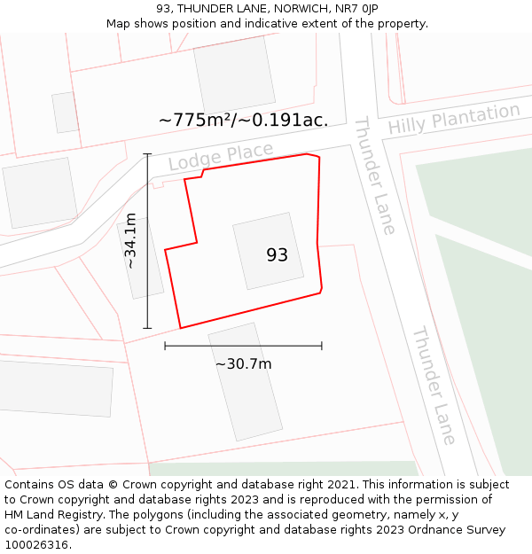 93, THUNDER LANE, NORWICH, NR7 0JP: Plot and title map