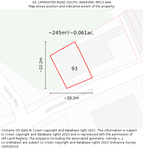 93, UPMINSTER ROAD SOUTH, RAINHAM, RM13 9AA: Plot and title map